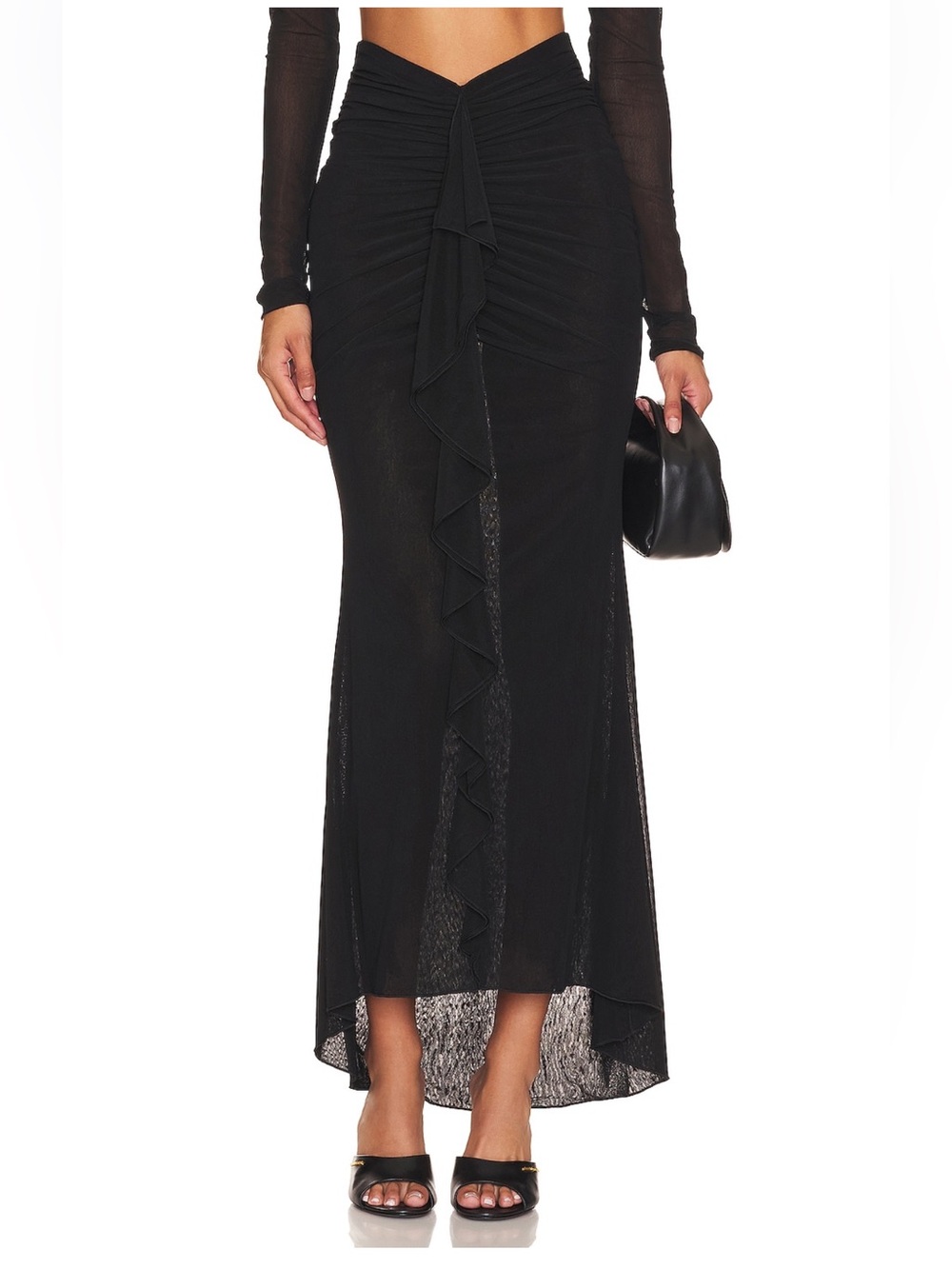 NBD Black Deepa Ruffle-Front Maxi Skirt